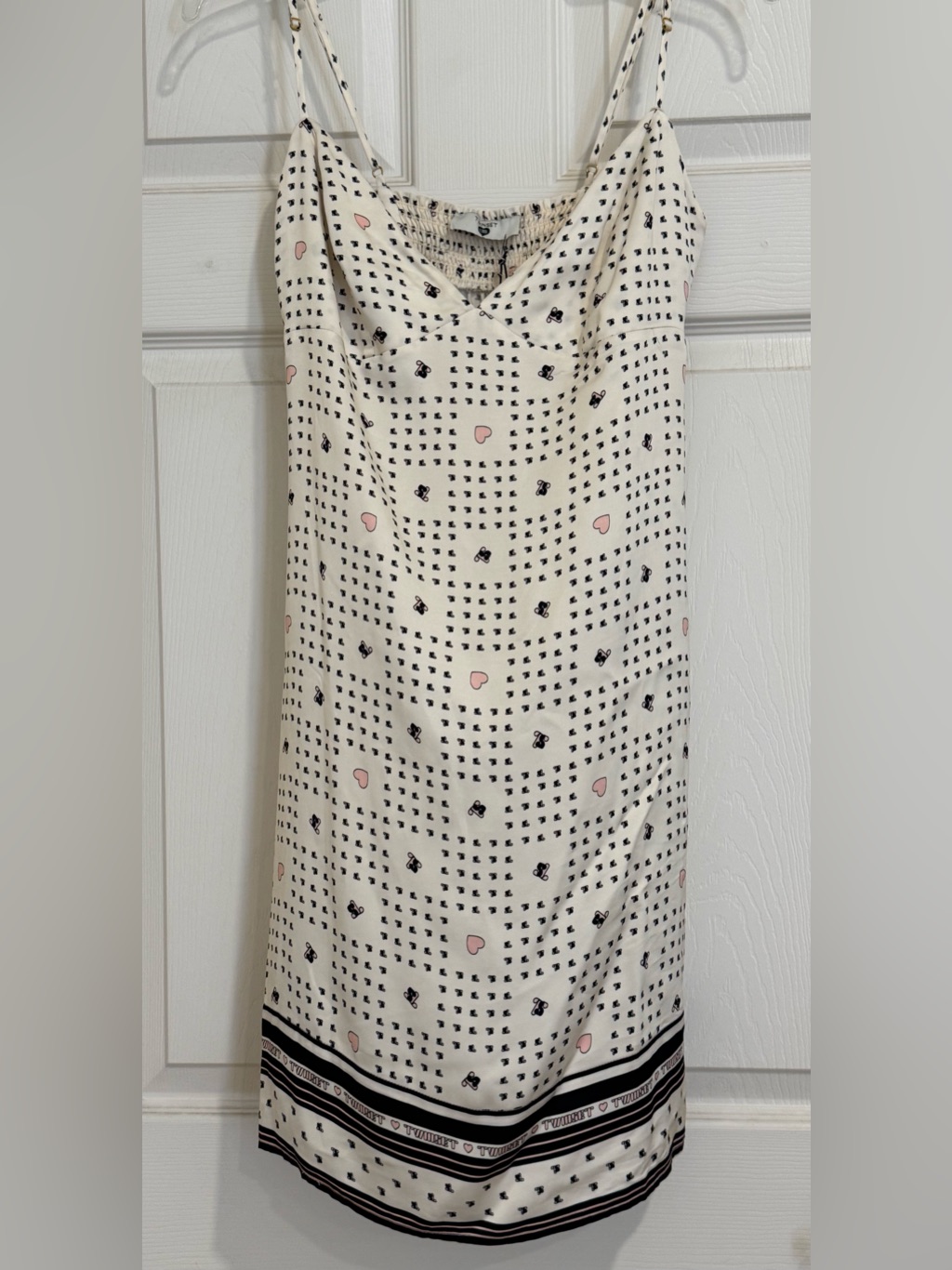 Twinset Slip Midi Dress In Cream With Pink & Black Heart Print Nwt Size S